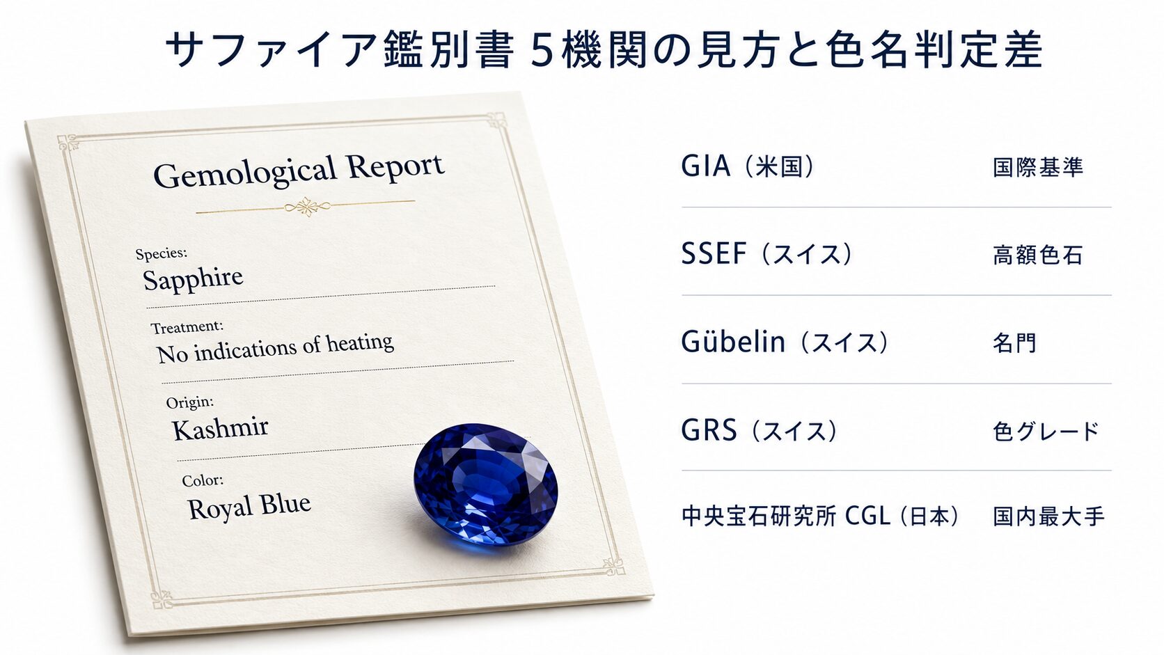 サファイアの鑑別書｜GIA・SSEF・GRSの違いと色名・産地表記の読み解き