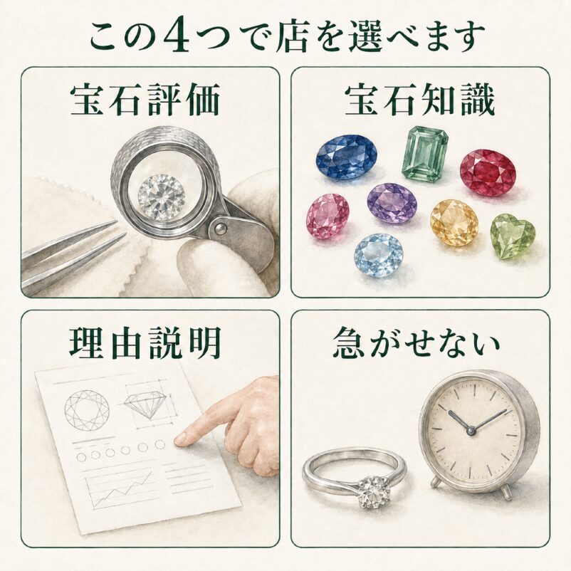 宝石そのものの評価力・色石の知識・査定理由の説明・急がせない姿勢という4つの視点を2×2で示すイメージ画像。