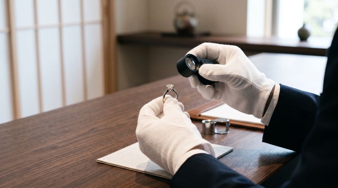 白手袋をはめた鑑定士の手が、木のテーブルの上でダイヤモンドの指輪をルーペで確認している様子
