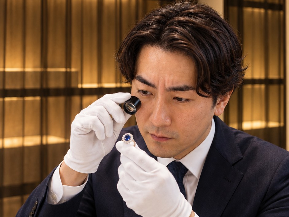 白手袋をはめた鑑定士の手が、ダイヤモンドの指輪をルーペで確認している