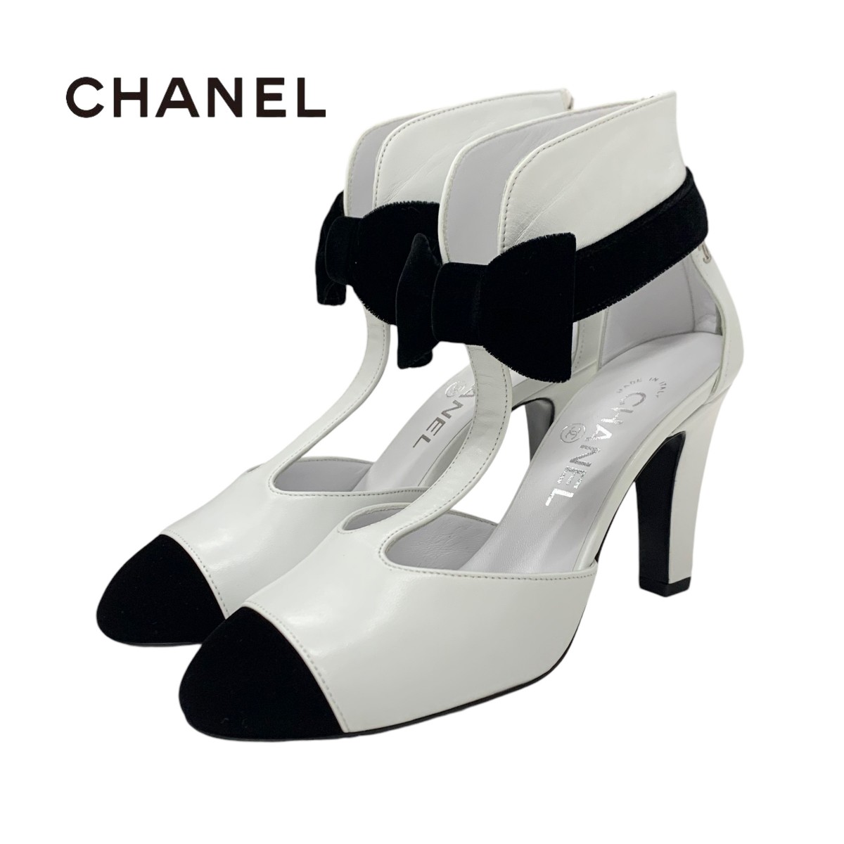 投稿記事「シャネル ココマーク レザー ベロア ストラップパンプス リボン ホワイト ブラックを買取しました！」の商品画像