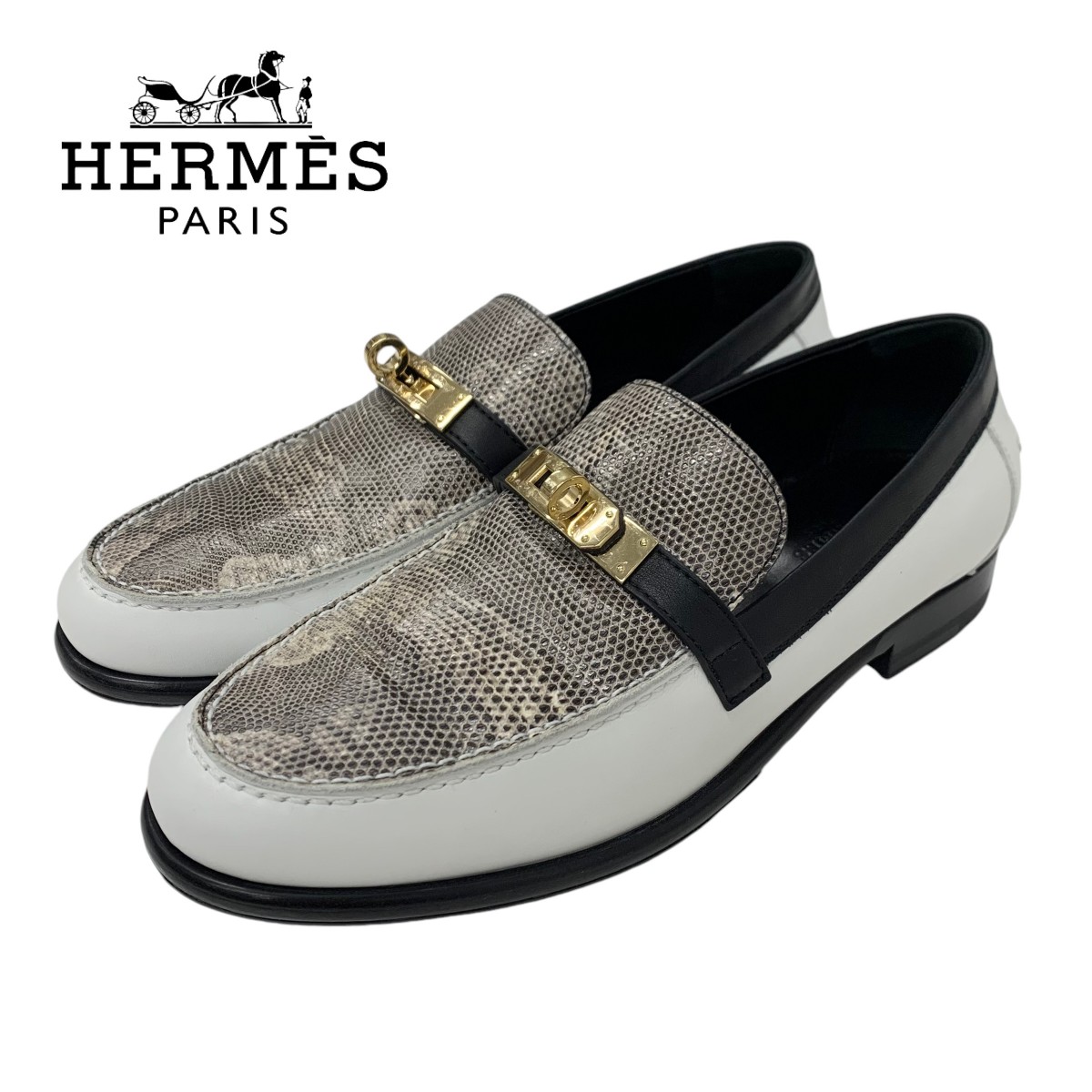 投稿記事「エルメス デスタン レザー リザード ケリー金具 ローファー ホワイト ブラックを買取しました！」の商品画像