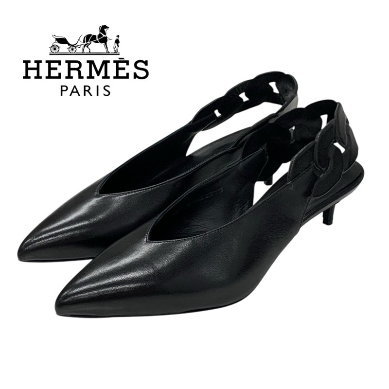 投稿記事「エルメス ガブリエラ シェーヌグルメット スリングバック レザー パンプス ブラックを買取しました！」の商品画像