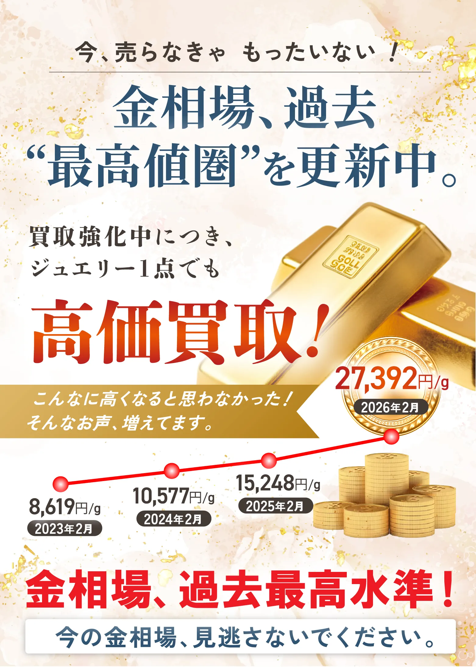 今売らなきゃもったいない！金相場、過去最高値圏を更新中。買取強化中につき、ジュエリー1点でも高価買取！
