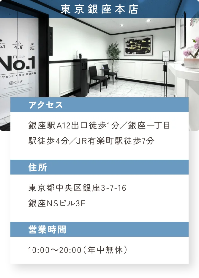 東京銀座本店　アクセス：銀座駅A12出口徒歩1分／銀座一丁目駅徒歩4分／JR有楽町駅徒歩7分　住所：東京都中央区銀座3-7-16 銀座NSビル3F　営業時間：10:00～20:00（年中無休）