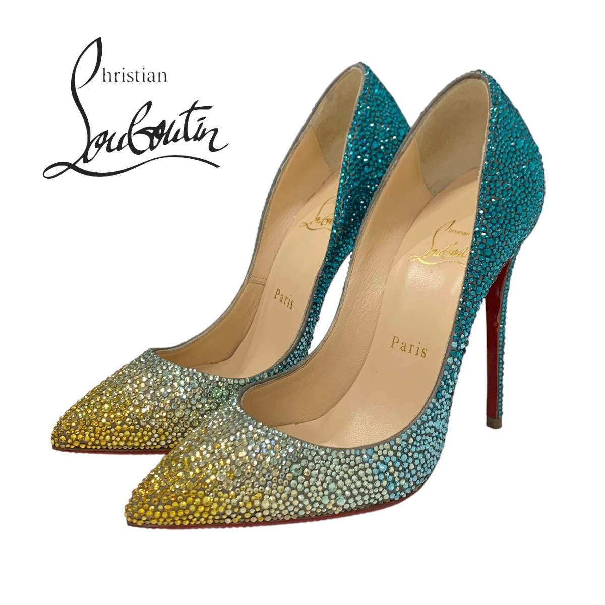投稿記事「クリスチャンルブタン スワロフスキー ラインストーン パンプス グラデーション ブルー イエローを買取しました！」の商品画像