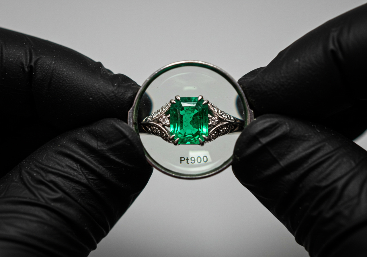 古いデザインのエメラルドリングを鑑定している手元のイメージ画像