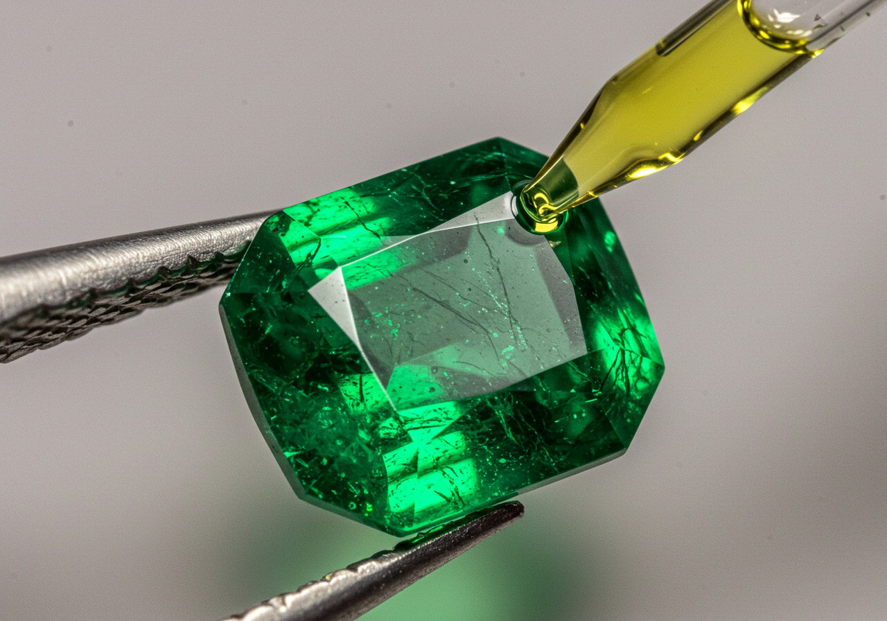 オイル処理をされているエメラルドの原石のイメージ画像