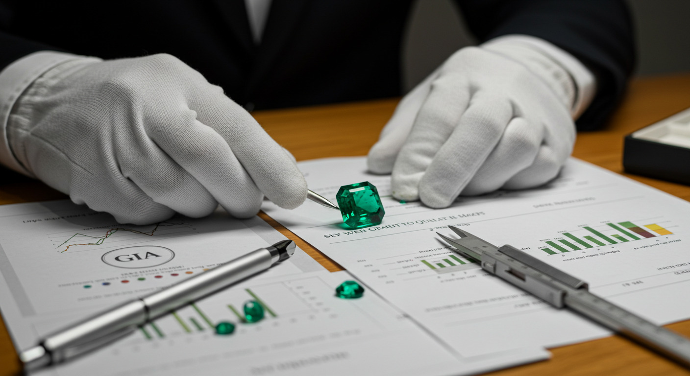 宝石専門店の鑑定士がエメラルドを査定している画像
