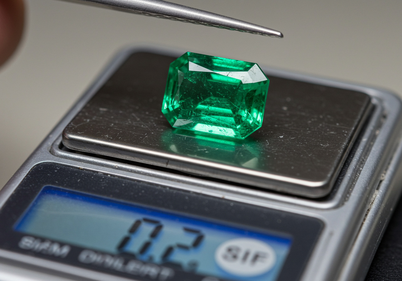 1カラットのエメラルドの重さを軽量している画像