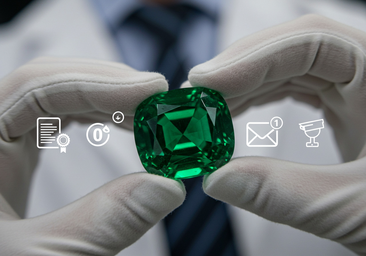 宅配買取で届いたエメラルドを査定する鑑定士の手元のイメージ画像