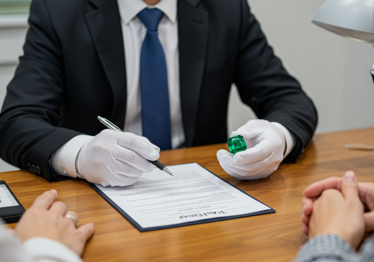 エメラルドを査定する鑑定士の画像