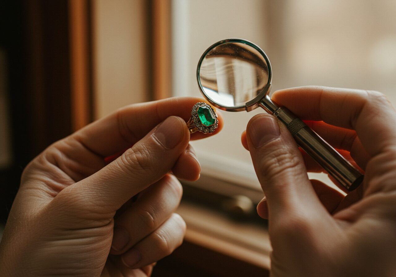 エメラルドリングをルーペを使って自宅で偽物チェックしている画像