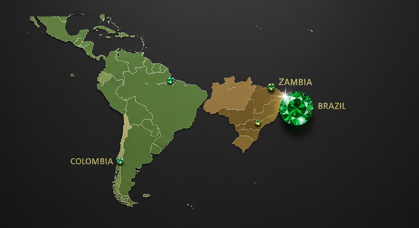 エメラルドの主要産地(コロンビア、ザンビア、ブラジルなど)を示した世界地図