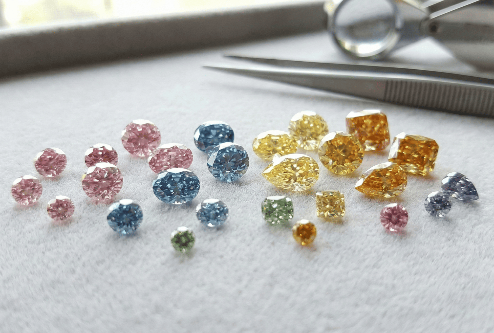 カラーダイヤモンドがたくさん置かれている
ブルー　イエロー　オレンジ　ピンク