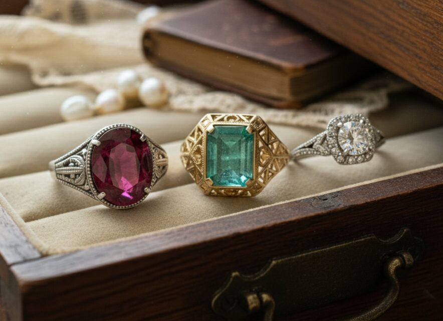 ルビーやエメラルドなどの宝石がジュエリーボックスにある