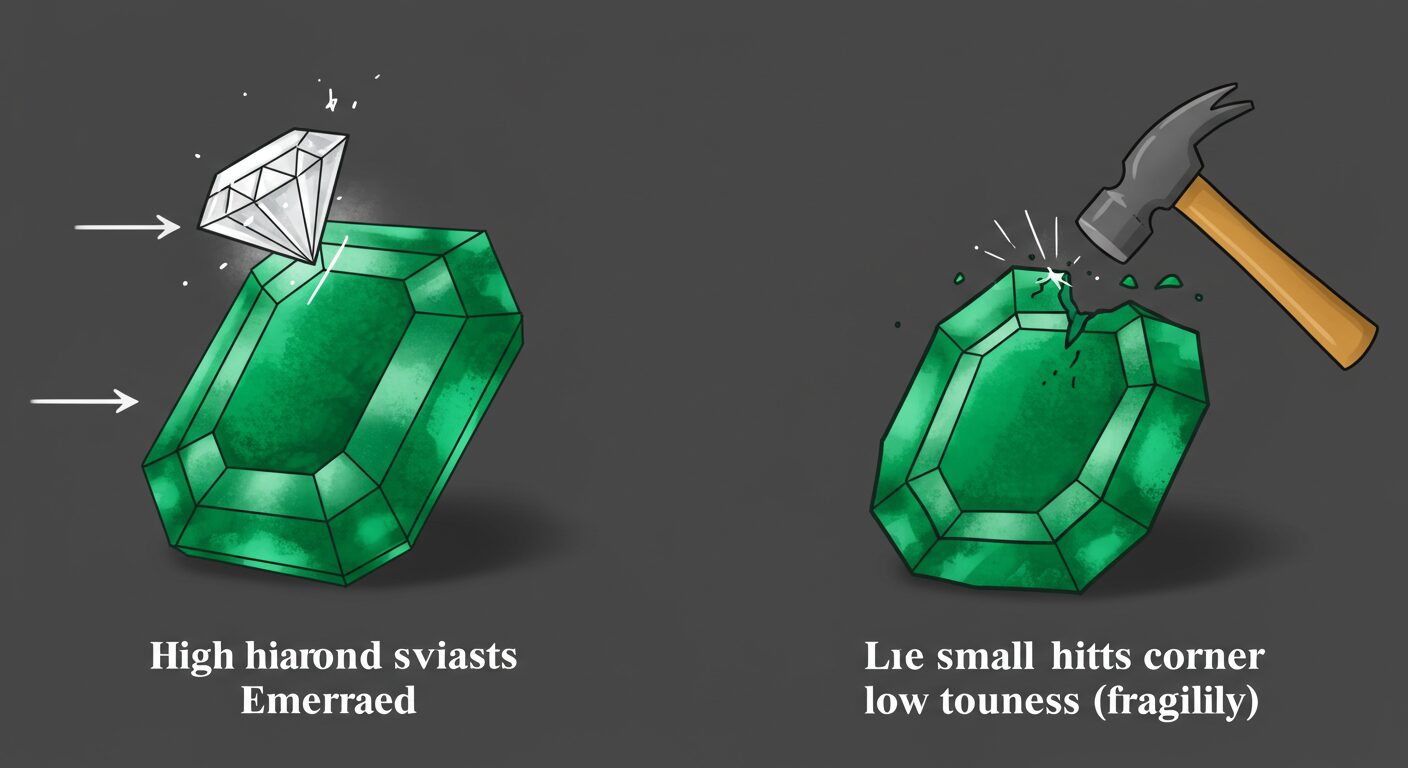 エメラルドの硬度と靭性について表現したイラストの画像