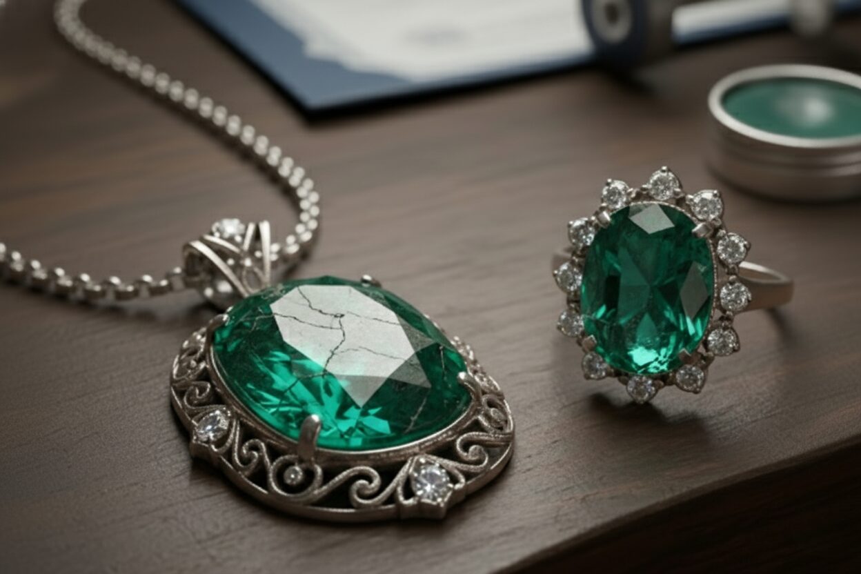 表面に傷のあるアンティーク調のエメラルドジュエリーのイメージ画像