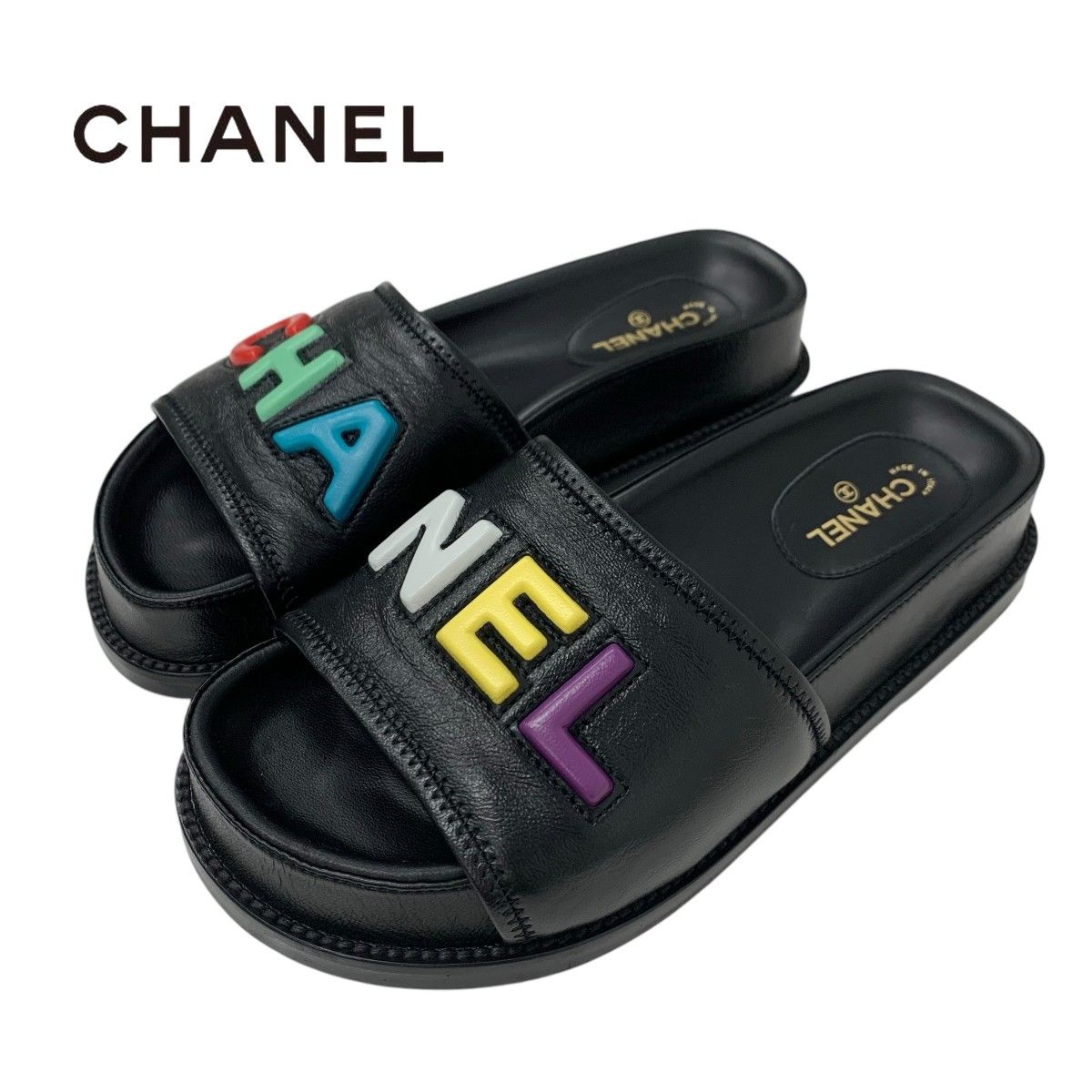 投稿記事「シャネル ロゴ レザー フラットサンダル ブラックを買取しました！」の商品画像