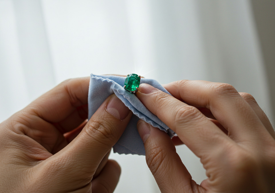 エメラルドのリングをクロスで拭き上げしているイメージ画像