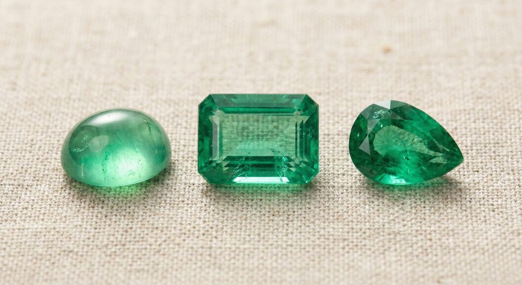 カボションカット、エメラルドカット、ペアシェイプカットのエメラルドルースが並んでいるイメージ画像