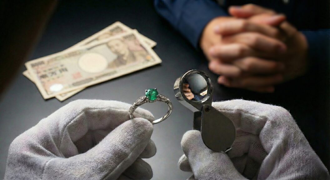 本来は価値のあるエメラルドのリングを、数万円に買い叩かれてしまっているイメージ画像