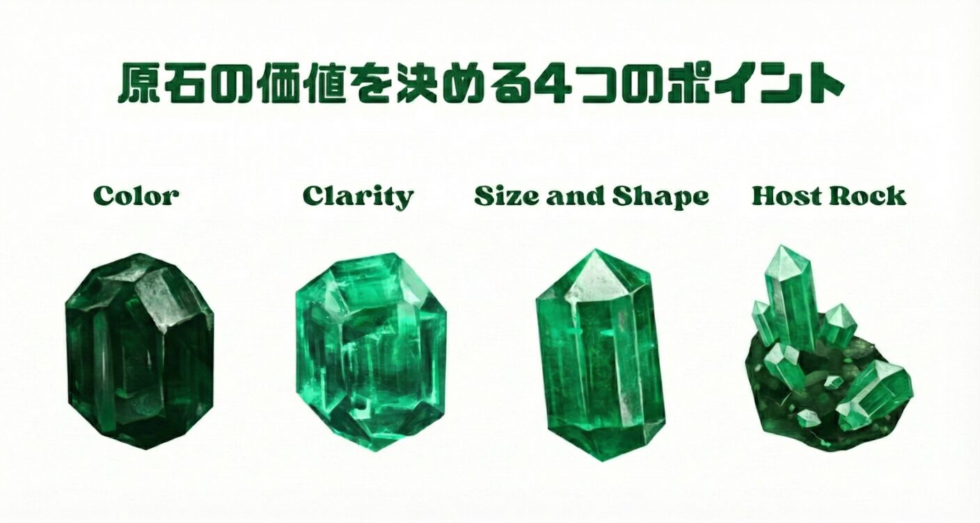 エメラルド原石の価値を決める4つの要素のイメージ画像