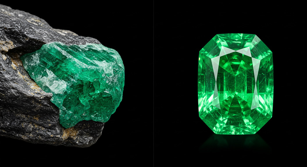 左：エメラルド原石／右：カット後のエメラルド、対比構図のイメージ画像