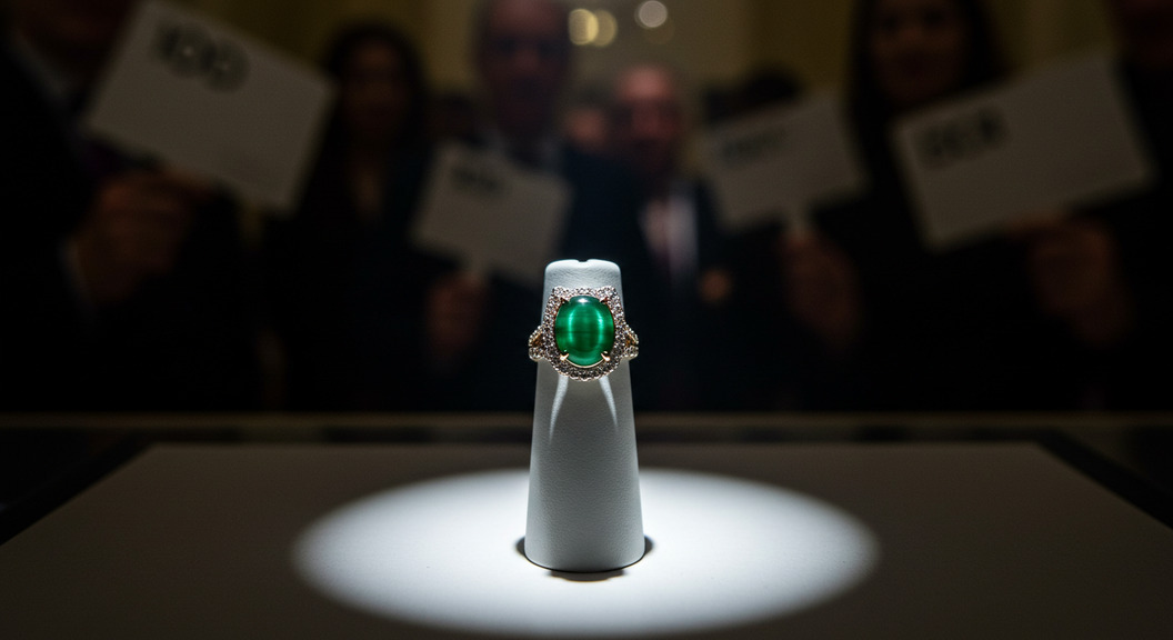 エメラルドキャッツアイのリングを競り落としているイメージ画像
