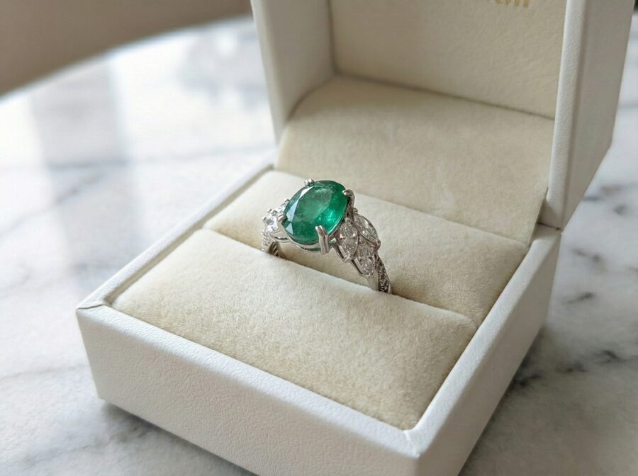 清潔感のあるジュエリーボックスに入ったエメラルドリングのギフトのイメージ画像