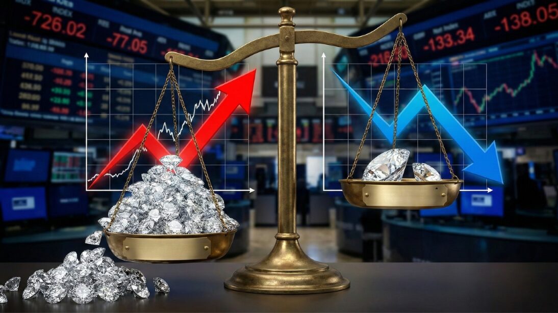 合成ダイヤモンドの流通量が増加し、天然ダイヤモンドの相場がさがっているイメージ画像