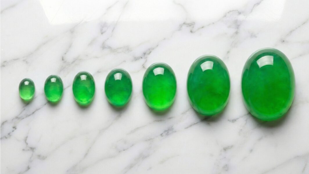 カラット別に並ぶ翡翠のルースのイメージ画像