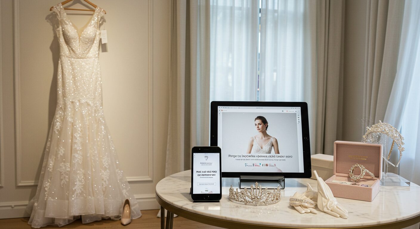 ウェディングドレスとティアラ、アクセサリーを展示したのテーブルとタブレット端末のイメージ