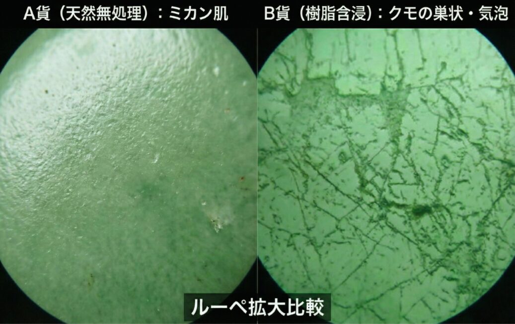 A貨翡翠とB貨翡翠の拡大比較のイメージ画像