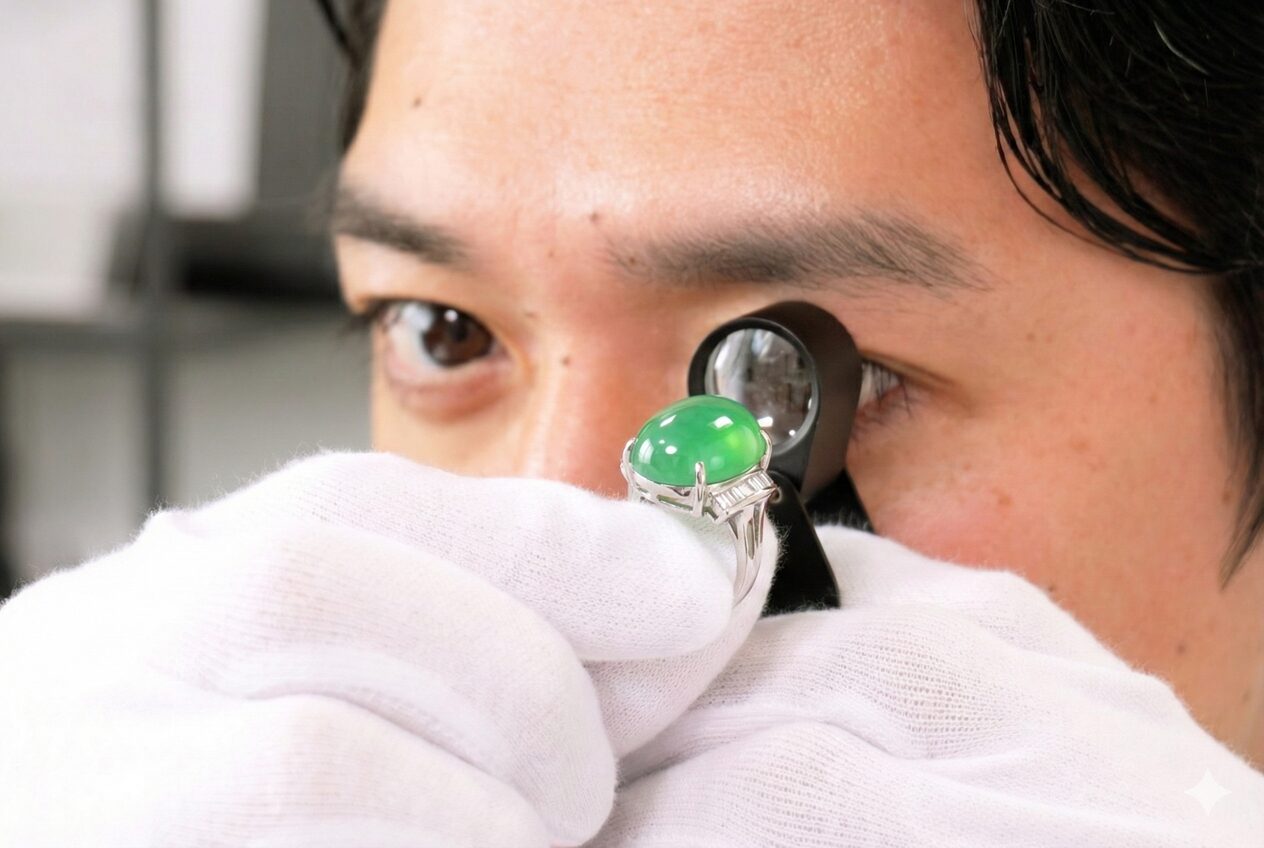厚みのある翡翠を査定する鑑定士のイメージ画像