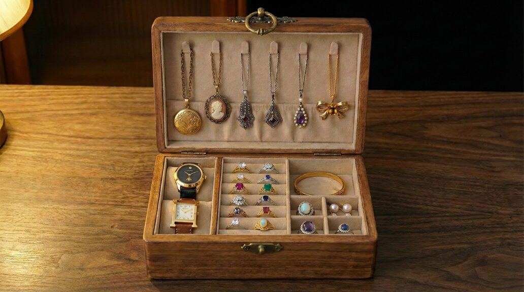 ジュエリーボックスに整頓された古いジュエリーのイメージ画像