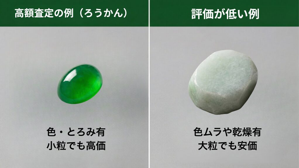 小ぶりでも高額査定になる「ろうかん質」と、大きくても評価が下がる翡翠の例