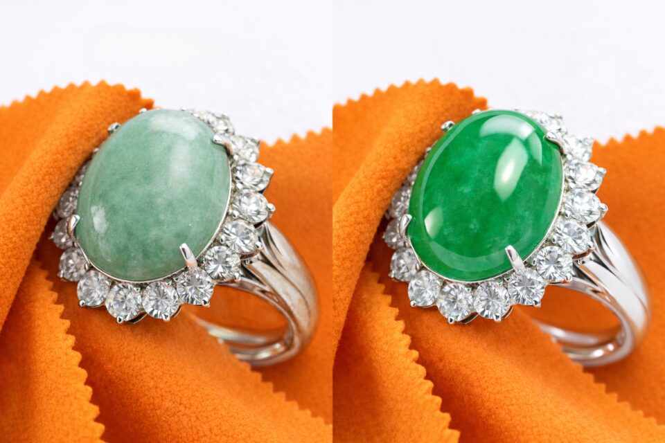 お手入れ前の古い翡翠のリングと、ほこりや汚れを拭いた状態の翡翠のリングの比較画像