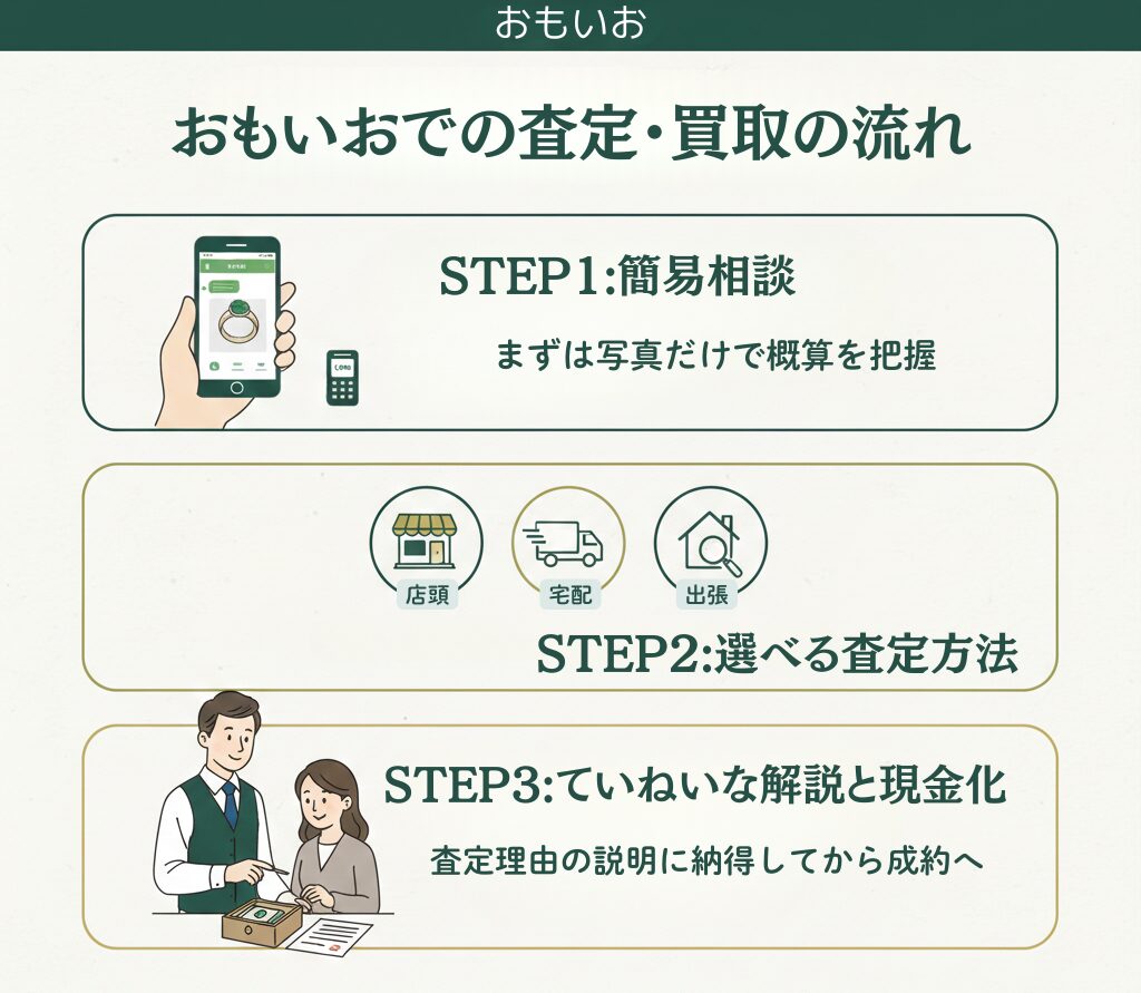 おもいおの買取査定ステップ図解画像