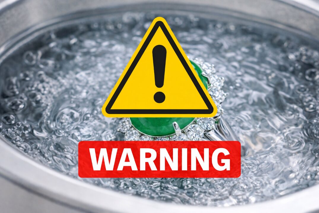 超音波洗浄機の中で翡翠をお手入れしているのを注意喚起する画像