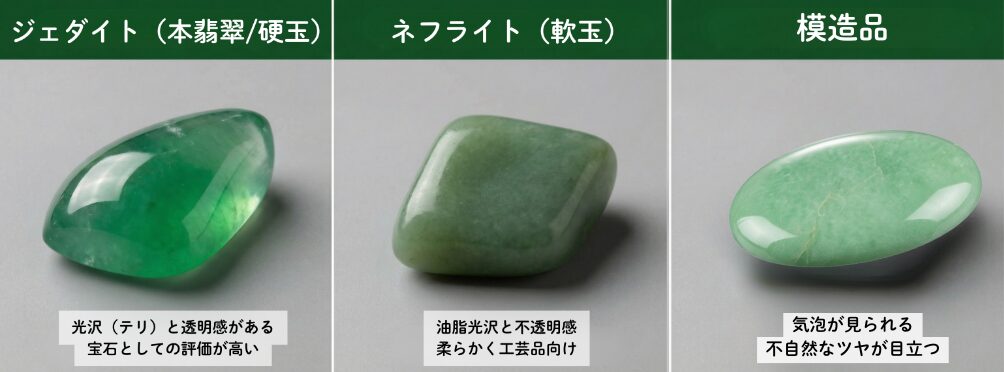 ジェダイトとネフライト、模造品との見分け方を図解した画像