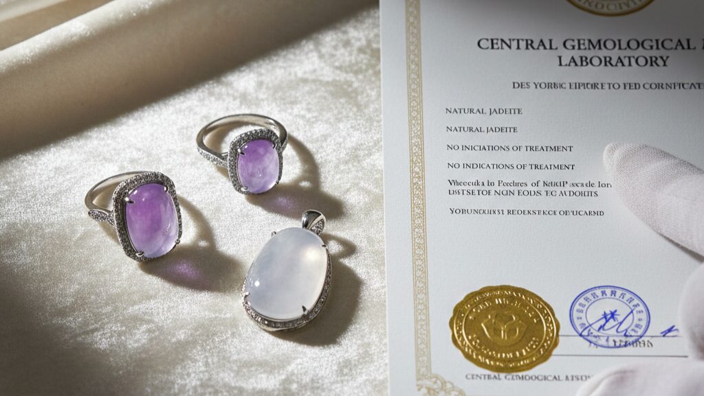 鑑別書とラベンダー翡翠・白翡翠のイメージ画像