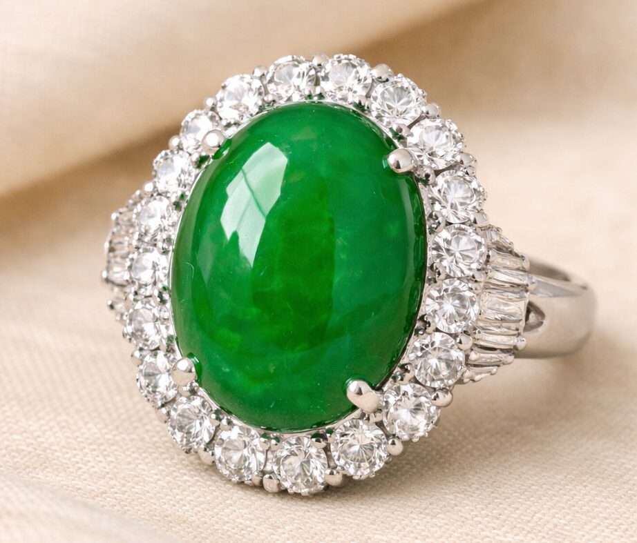 脇石が美しい昭和デザインの翡翠リングの画像