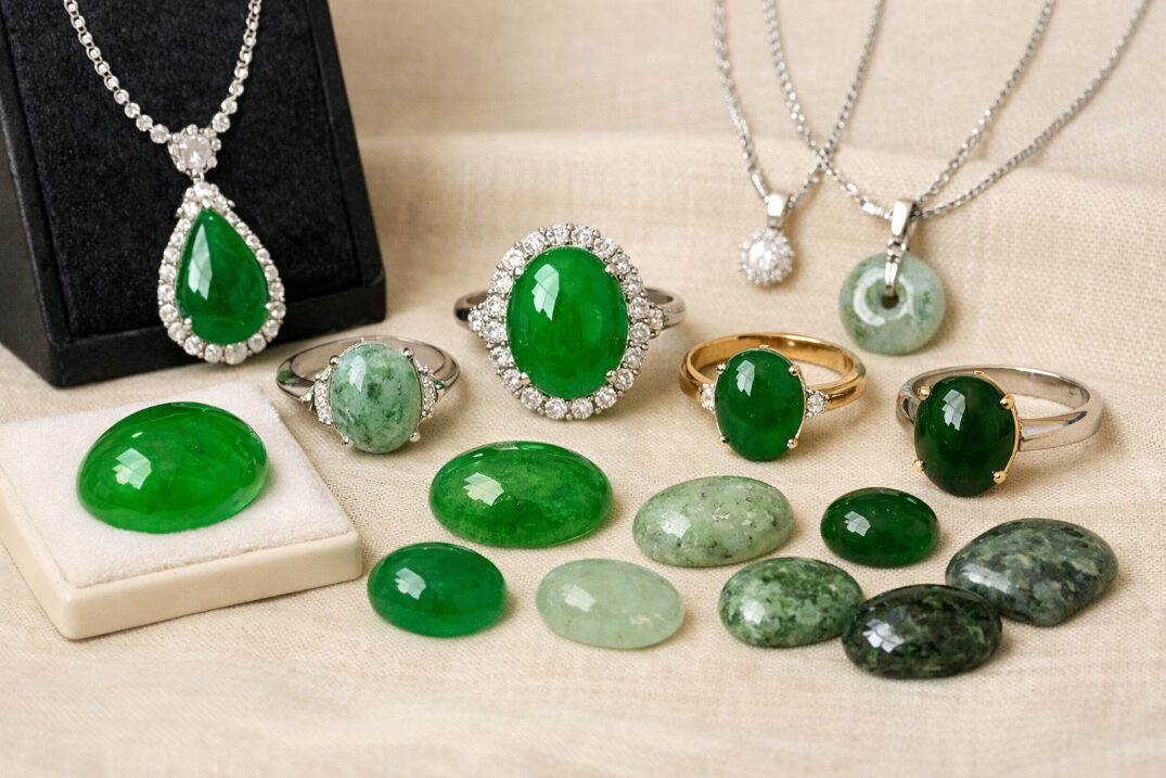 さまざまな石質の翡翠ルース・ジュエリーが並んでいる画像