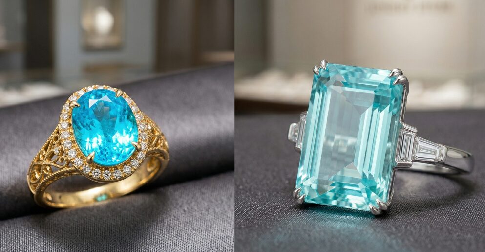 メレダイヤ・K18台座のパライバトルマリンと、プラチナ台座のパライバトルマリンのリングが並んでいる画像