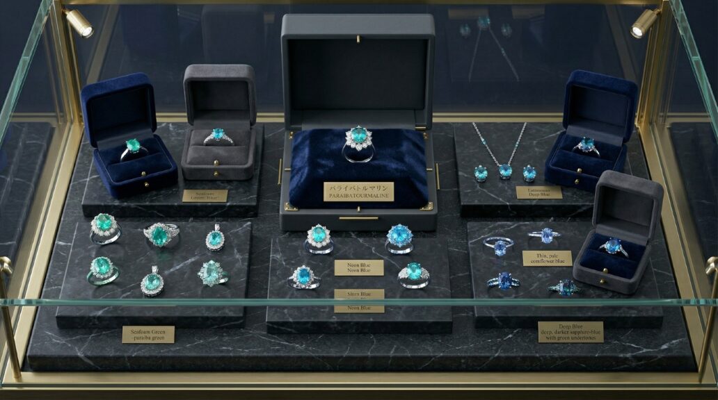 パライバトルマリンを含む青い色のジュエリーがショーケースに保管されている画像