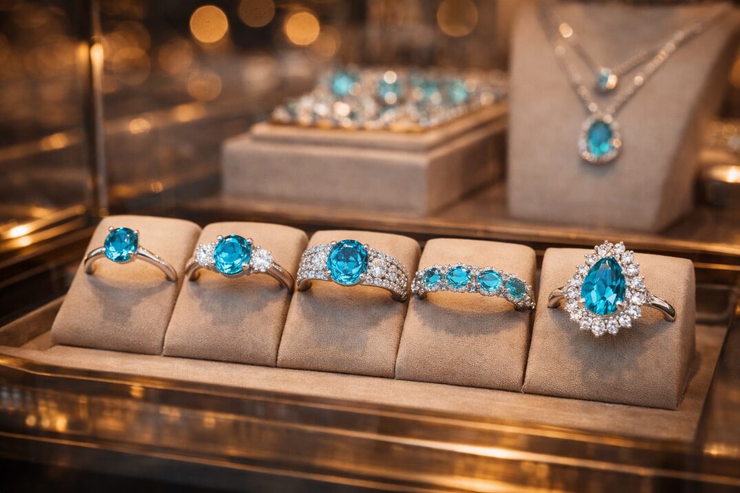 高品質なパライバトルマリンのリングやネックレスが陳列されているイメージ画像