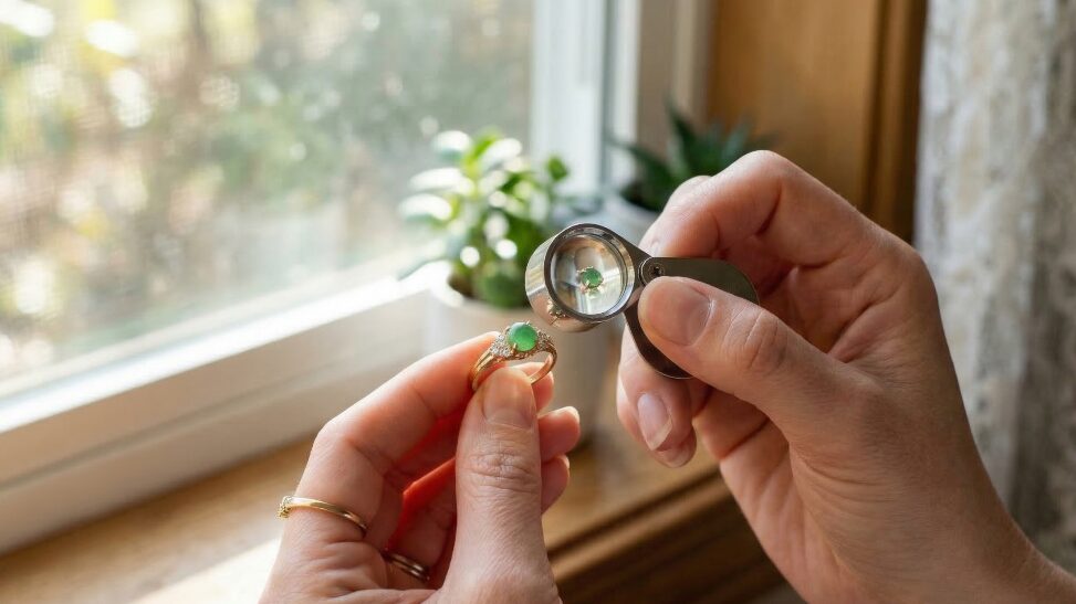 翡翠のリングを自宅でチェックしているイメージ画像