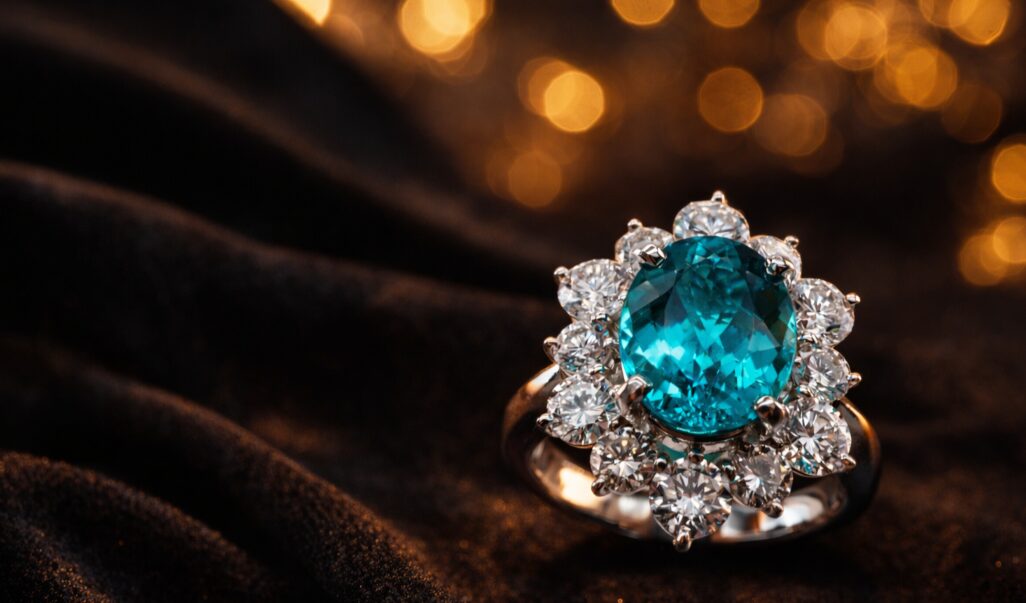 ビロードの布に置かれた高品質なパライバトルマリンリングの画像