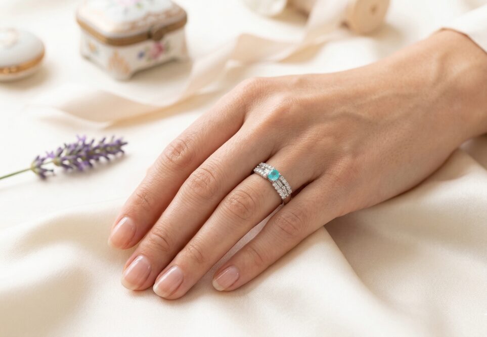 パライバトルマリンの石をあしらったリングを着用している画像